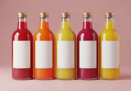 A lineup of five glass bottles filled with vibrant fruit juices, each with a blank label, presented on a clean white background.の素材