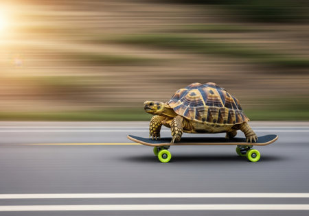 A tortoise is depicted on a skateboard, appearing to move quickly. The object is isolated on a white background with motion blur.の素材