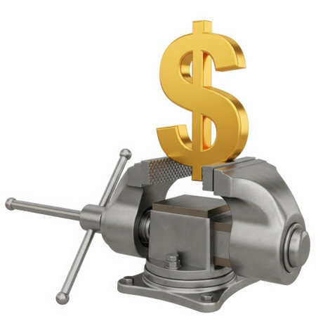 A golden dollar sign is being tightly gripped and compressed by a silver metal vise, symbolizing financial pressure or economic hardship.の素材