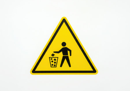 A yellow triangular warning sign with a black border depicts a person throwing trash into a bin, indicating a no littering or proper disposal area.の素材