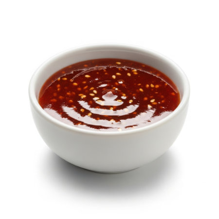 A white ceramic bowl filled with a vibrant red, slightly viscous chili sauce, speckled with tiny seeds.の素材