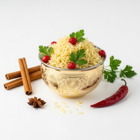 A glass bowl filled with fluffy couscous, topped with fresh herbs and berries, alongside cinnamon sticks, star anise, and a chili pepper.の素材
