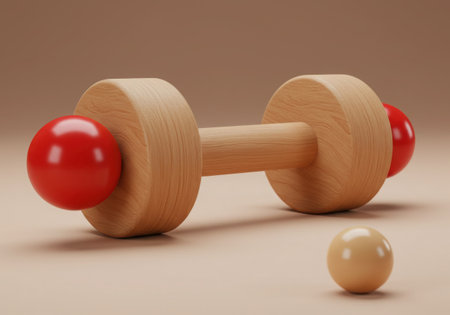 A wooden dumbbell with red spheres attached to each end rests on a beige surface, accompanied by a separate beige sphere. The image conveys a sense of playful fitness and simple exercise equipment.の素材