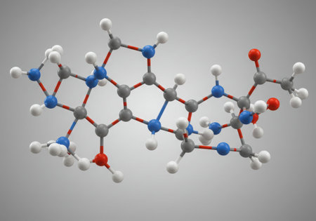 Detailed visualization of a molecular structure, showcasing interconnected atoms through bonds. The image represents a complex chemical compound, possibly related to pharmaceutical research or scientific analysis.の素材