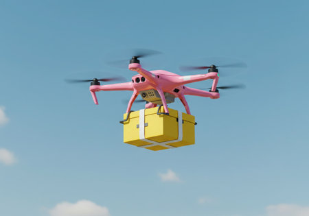 A pink drone is delivering a yellow package against a blue sky. The drone is equipped with four propellers and is carrying the box securely. This image represents modern delivery solutions.の素材