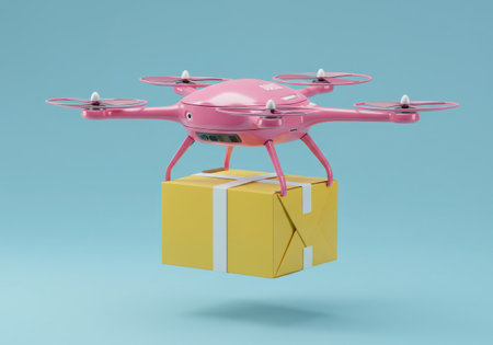 A pink drone is carrying a yellow package with a white ribbon. The drone is in the air against a blue background. The image represents modern delivery services and technological innovation.の素材