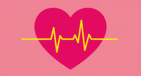 A pink heart with a yellow heartbeat line running through it, set against a pink background. This illustration symbolizes health, love, and the rhythm of life, ideal for medical or wellness themes.の素材