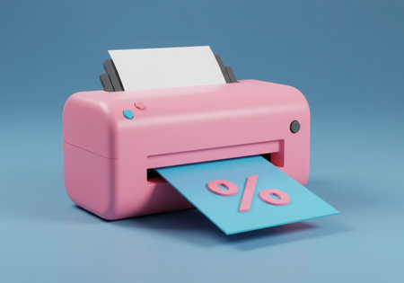 A pink printer is printing a blue sheet of paper with a pink percentage symbol on it. The printer has white paper loaded and is set against a blue background, suggesting a concept related to discounts.の素材