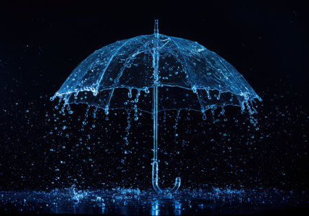 A transparent umbrella is being showered with water droplets. The water is splashing and creating a mesmerizing effect. The dark background enhances the visibility of the water and umbrella, creating a captivating scene.の素材
