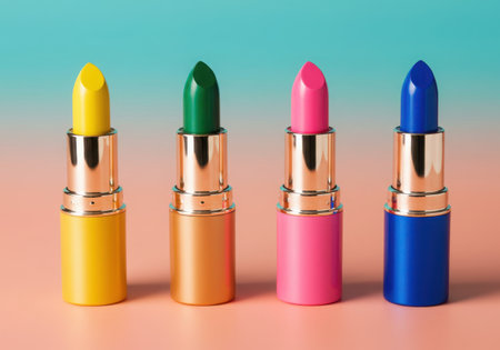 A studio shot features four lipsticks in bold colors: yellow, green, pink, and blue. They stand upright on a peach-colored surface against a gradient background of turquoise and peach.の素材