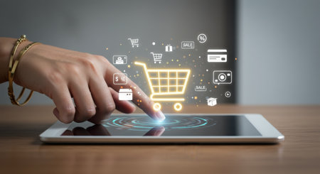 A person's finger touches a tablet screen displaying glowing icons related to online shopping, including a shopping cart, credit card, and sale tags.の素材