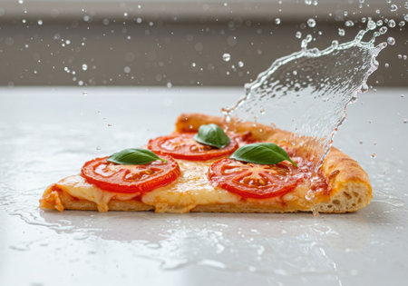 A close-up, side-view of a delicious slice of Margherita pizza, featuring fresh tomatoes and basil, as a dynamic splash of water cascades over it.の素材