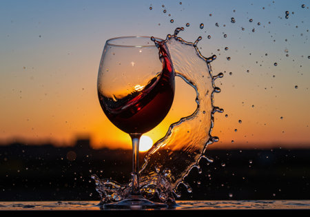 A dynamic splash of red wine erupts from a glass, captured mid-air with droplets scattering. The scene is set against a vibrant sunset, creating a striking contrast of colors and motion.の素材