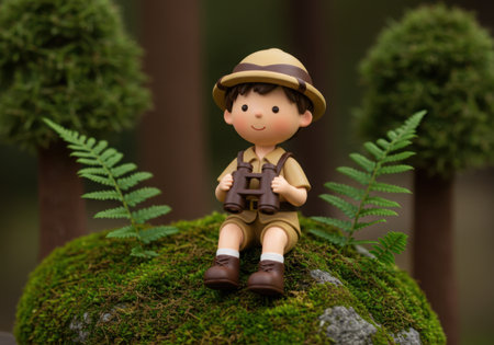 A charming cartoon figurine of a young boy dressed as an explorer sits on a moss-covered rock, holding binoculars and surrounded by ferns. The background is softly blurred.の素材