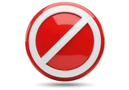 A 3D rendered, glossy red circular sign with a thick white border and a diagonal white bar across it, symbolizing prohibition or restriction, isolated on a clean white background.の素材