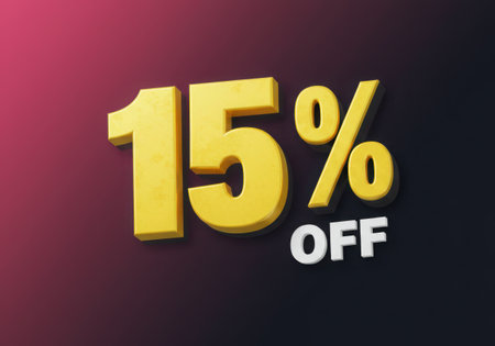 A bold, three-dimensional graphic displays "15% OFF" in bright yellow and white lettering. The text is prominently featured against a dark, gradient background with a subtle magenta hue.の素材