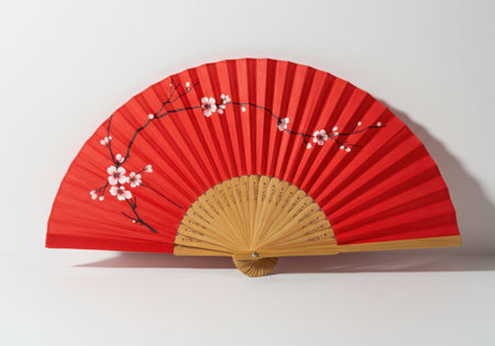 A bright red folding fan is displayed open against a white background. Delicate white cherry blossoms adorn a dark branch painted across the fan's surface.の素材
