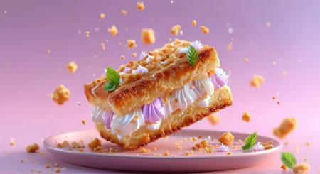A delectable layered dessert with a fluffy filling and crispy pastry, presented on a pink plate with crumbs scattered around. Isolated on white background.の素材