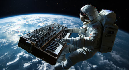 An astronaut in a spacesuit plays a keyboard while floating in space with Earth in the background, isolated on white background.の素材