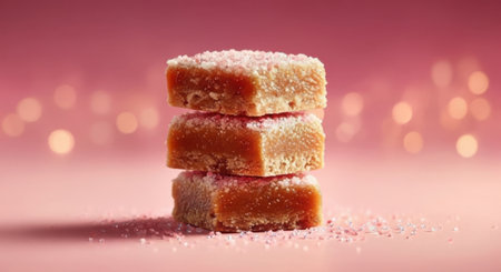A close-up of three caramel fudge squares stacked vertically, topped with coarse sea salt, isolated on a white background.の素材