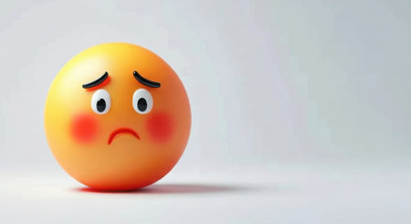 A single yellow egg with a sad face drawn on it, isolated on a plain white background. It has red cheeks and blue eyes.の素材