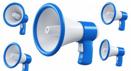 A collection of blue and white megaphones displayed from different angles, all isolated on a clean white background.の素材