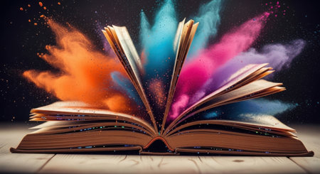 An open book releases a burst of colorful powder, symbolizing creativity, imagination, and the vibrant stories within.の素材
