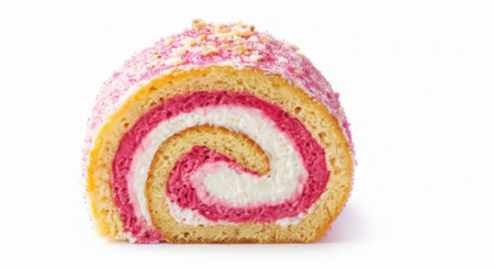 A close-up, studio shot of a single slice of a rolled cake with vibrant pink and white swirls, topped with pink frosting and sprinkles.の素材