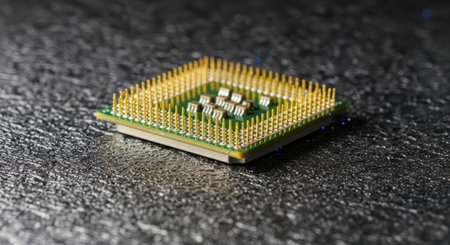 A detailed macro shot of a central processing unit, showcasing its intricate circuitry and numerous golden pins against a dark, textured background.の素材