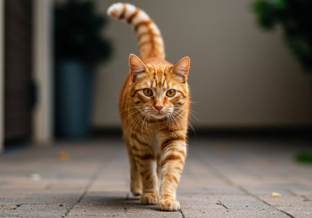 A ginger tabby cat confidently strides towards the camera on a paved surface. Its tail is raised, and its amber eyes are focused. The background features blurred greenery and neutral tones, creating a natural setting.の素材