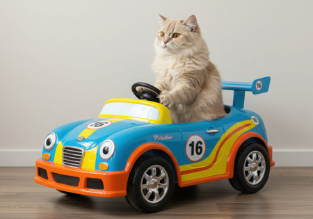 A fluffy cat sits upright in a blue and yellow toy car, holding the steering wheel. The car has racing stripes and the number 16 on its side. The cat looks focused, as if it's enjoying the ride.の素材