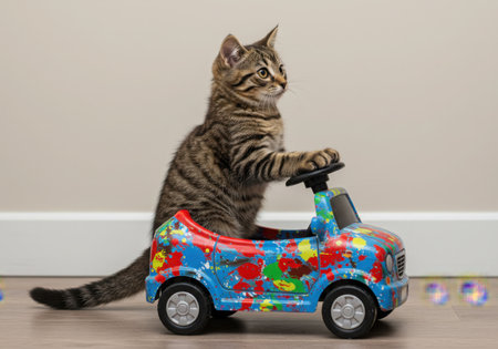 A tabby cat sits upright in a colorful toy car, paws on the steering wheel, looking forward with focused attention. The scene captures a playful moment indoors, blending feline curiosity with childhood fun.の素材