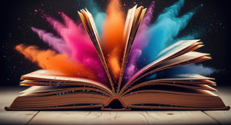An open book with vibrant clouds of colorful powder erupting from its pages, isolated on a clean white background.の素材