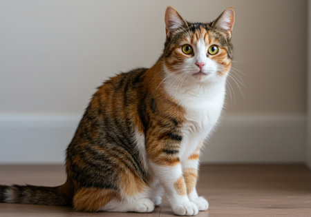 A calico cat sits attentively indoors. Its fur is a mix of orange, black, and white. The cat has bright yellow eyes and a curious expression, looking directly at the viewer with a neutral background.の素材