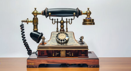 A vintage rotary dial telephone with intricate brass accents and a wooden base sits on a polished surface.の素材
