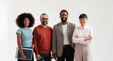 A diverse group of four individuals, two men and two women, stand confidently in front of a white backdrop, smiling.の素材