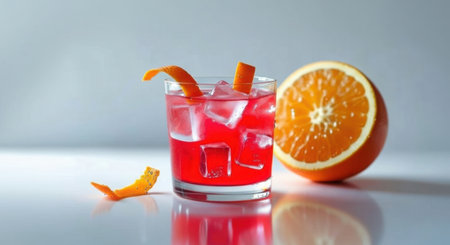 A vibrant red cocktail with ice and orange peel garnishes sits next to a sliced orange on a reflective surface.の素材