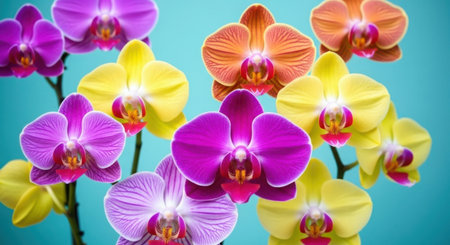 A close-up shot showcases a cluster of blooming orchids in various vivid colors, including purple, yellow, and orange, set against a solid teal backdrop.の素材