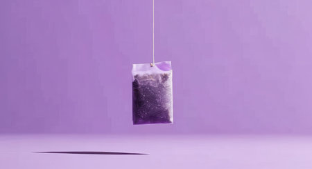 A single tea bag hangs by a string against a smooth, soft purple backdrop, casting a subtle shadow below.の素材