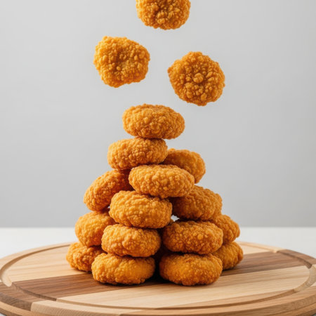 Golden brown, breaded chicken nuggets are captured mid-air as they cascade onto a stacked pile on a round wooden cutting board.の素材
