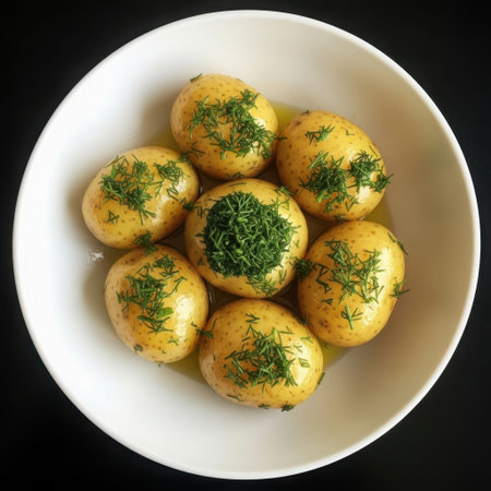 A top-down view of small, golden-brown roasted potatoes generously seasoned with chopped green herbs, presented in a simple white bowl.の素材