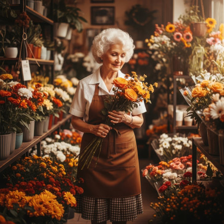 A smiling elderly woman with white hair, wearing an apron, holds a bouquet of orange flowers amidst a colorful display of blooms.の素材