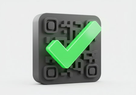 A 3D rendered dark QR code with a prominent green check mark, signifying approval or completion, isolated on a clean white background.の素材