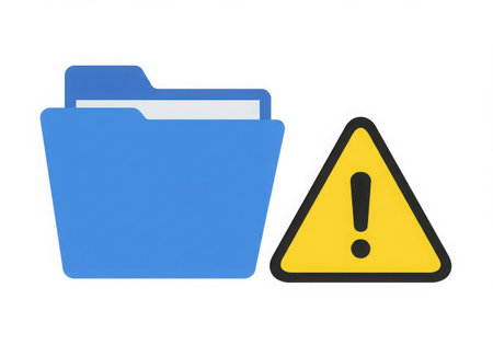 A blue folder icon next to a yellow warning triangle with an exclamation mark, presented on a clean white background.の素材