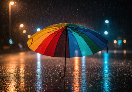 A colorful rainbow umbrella stands open on a wet, reflective city street at night, illuminated by streetlights and falling rain.の素材
