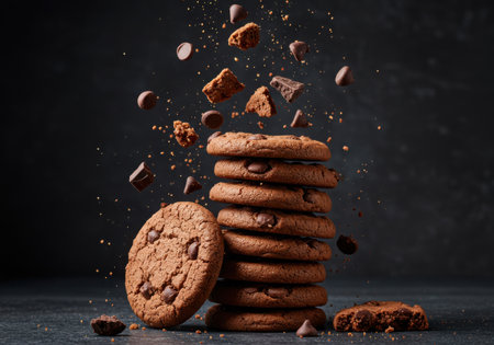A stack of delicious chocolate chip cookies with pieces and crumbs frozen in motion against a dark background.の素材