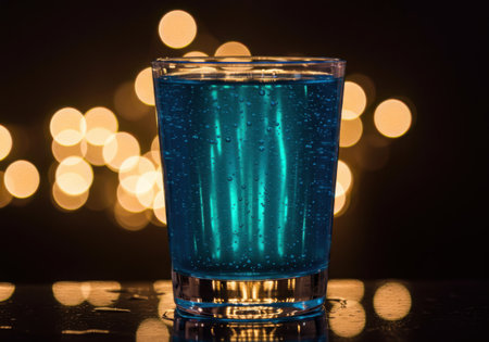 A tall glass filled with a bright blue liquid stands against a backdrop of warm, out-of-focus golden lights, creating a festive atmosphere.の素材