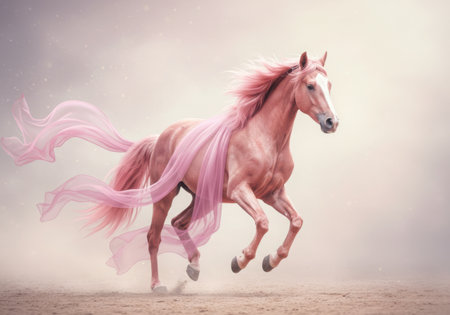 A beautiful, ethereal pink horse with a flowing mane and tail, adorned with delicate pink fabric, gallops gracefully in a dreamlike setting.の素材