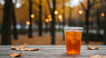 A tall glass of iced tea with ice sits on a weathered wooden table. Fallen autumn leaves and blurred warm lights create a cozy, seasonal atmosphere.の素材