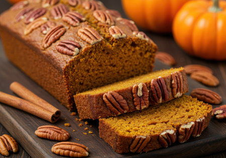 A freshly baked loaf of pumpkin bread, topped with pecans and sliced, sits beside cinnamon sticks and mini pumpkins.の素材